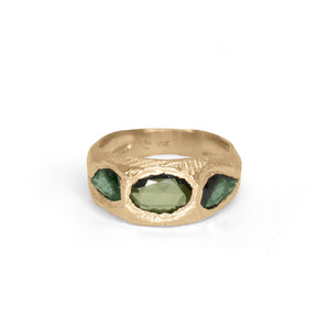 18K Three Stone Ring in Deep Green Sapphire