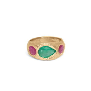 18K Three Stone Ring with Emerald and Rby Rings Page Sargisson 